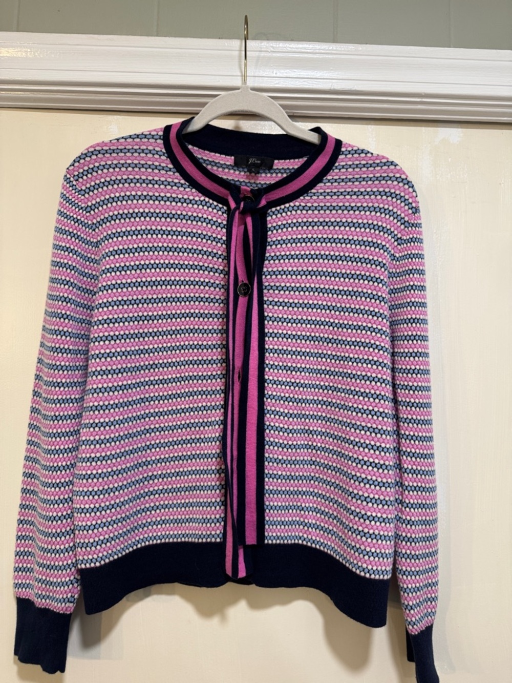 J. Crew Pink and Navy Striped Tie-Neck Cardigan
